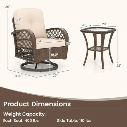 3 Piece Patio Swivel Rocker Set with Tempered Glass Side Table and Thick Cushions-Brown - Brown - Patio Rocking Chairs
