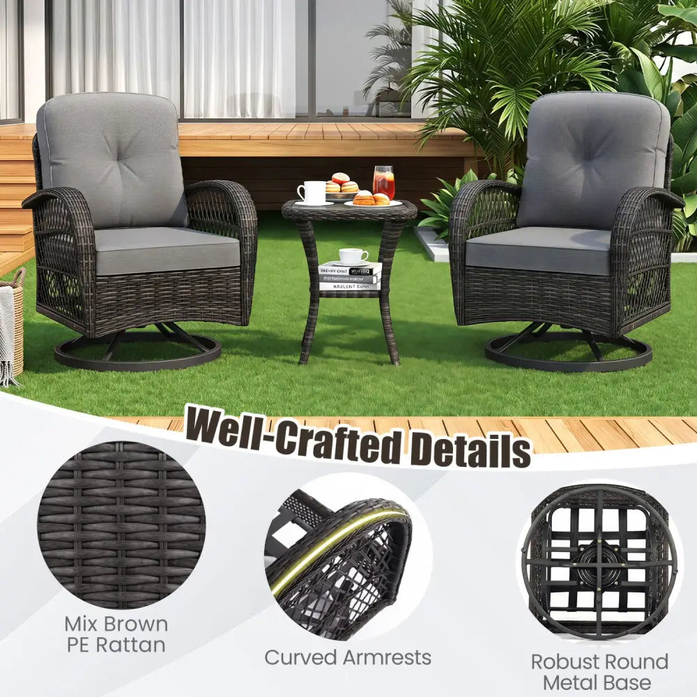3 Piece Patio Swivel Rocker Set with Tempered Glass Side Table and Thick Cushions-Dark Gray - Dark Gray - Patio Rocking