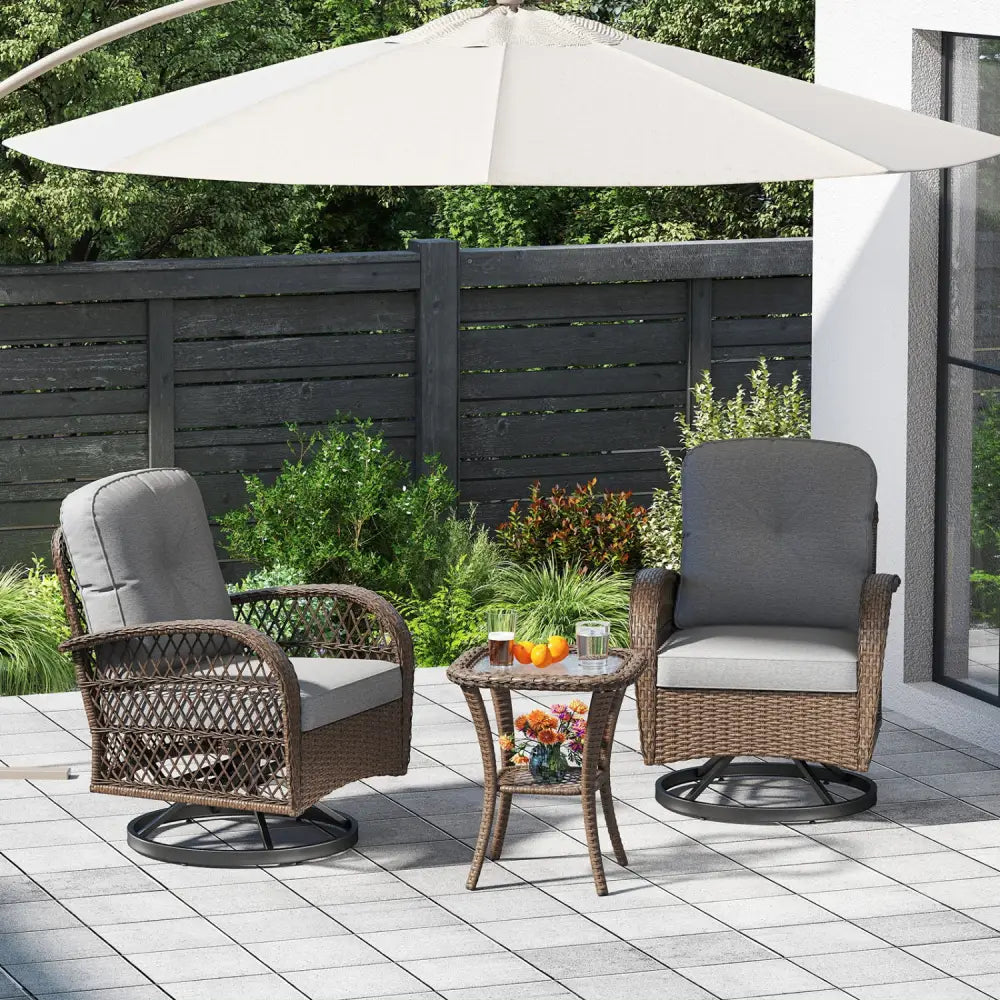 3 Piece Patio Swivel Rocker Set with Tempered Glass Side Table and Thick Cushions-Gray - Gray - Patio Rocking Chairs &