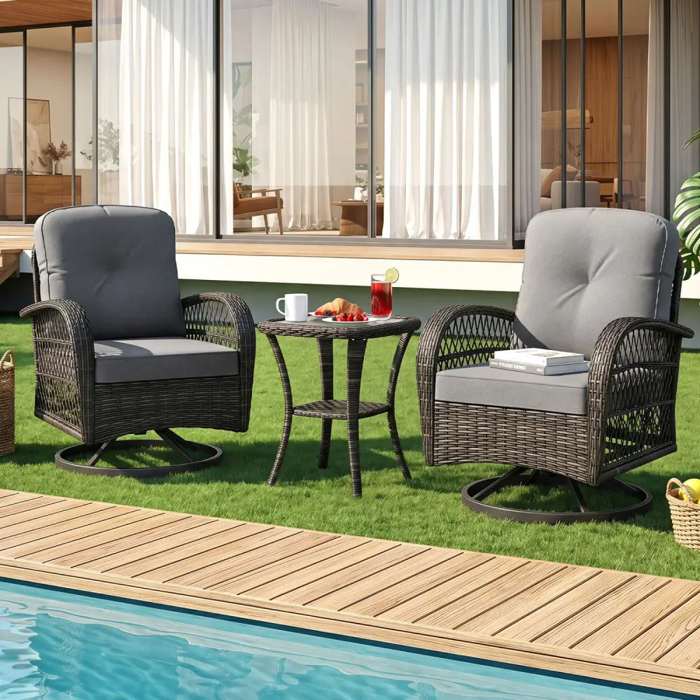 3 Piece Patio Swivel Rocker Set with Tempered Glass Side Table and Thick Cushions-Dark Gray - Dark Gray - Patio Rocking
