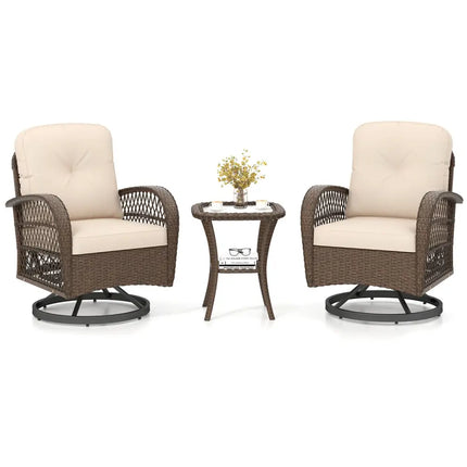 3 Piece Patio Swivel Rocker Set with Tempered Glass Side Table and Thick Cushions-Brown - Brown - Patio Rocking Chairs