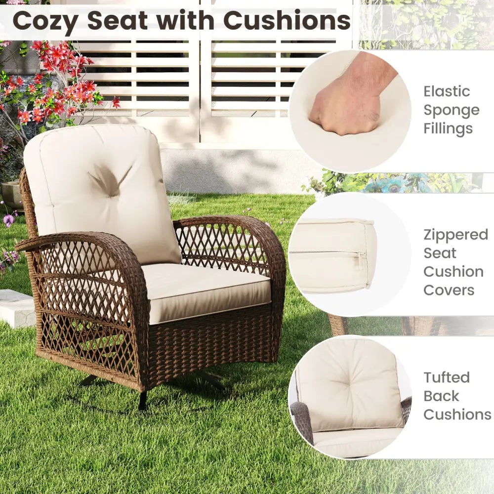 3 Piece Patio Swivel Rocker Set with Tempered Glass Side Table and Thick Cushions-White - White - Patio Rocking Chairs