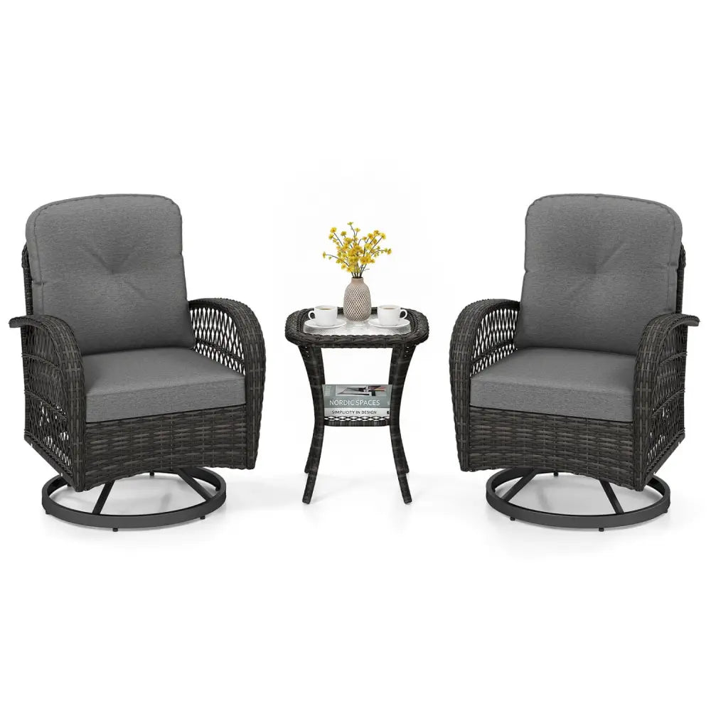 3 Piece Patio Swivel Rocker Set with Tempered Glass Side Table and Thick Cushions-Dark Gray - Dark Gray - Patio Rocking