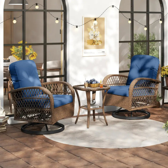 3 Piece Patio Swivel Rocker Set with Tempered Glass Side Table and Thick Cushions-Navy - Navy - Patio Rocking Chairs &