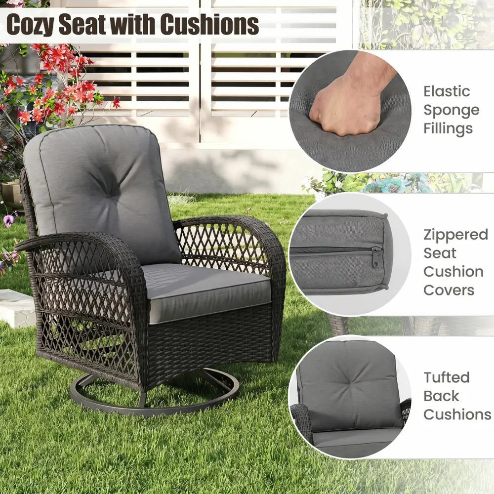 3 Piece Patio Swivel Rocker Set with Tempered Glass Side Table and Thick Cushions-Dark Gray - Dark Gray - Patio Rocking
