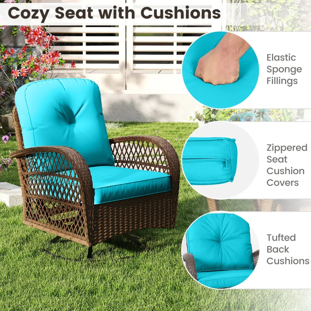 3 Piece Patio Swivel Rocker Set with Tempered Glass Side Table and Thick Cushions-Turquoise - Turquoise - Patio Rocking