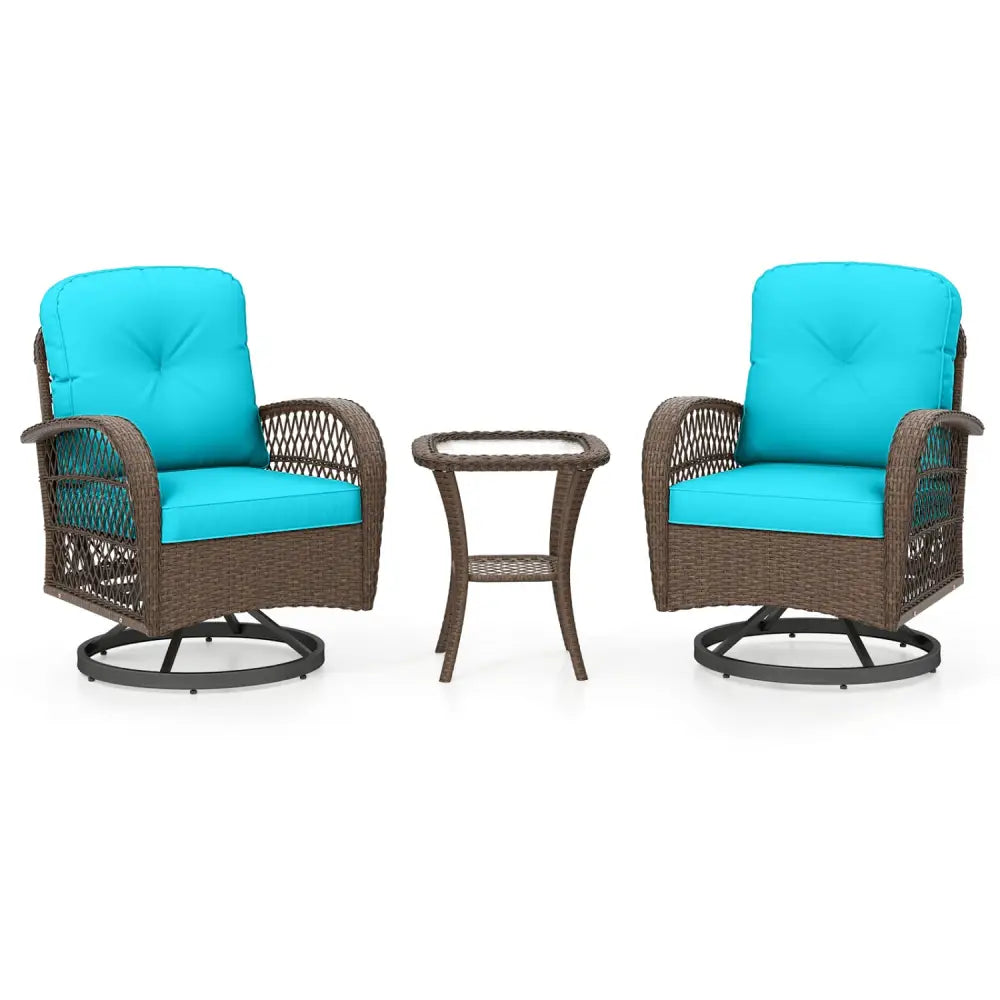 3 Piece Patio Swivel Rocker Set with Tempered Glass Side Table and Thick Cushions-Turquoise - Turquoise - Patio Rocking