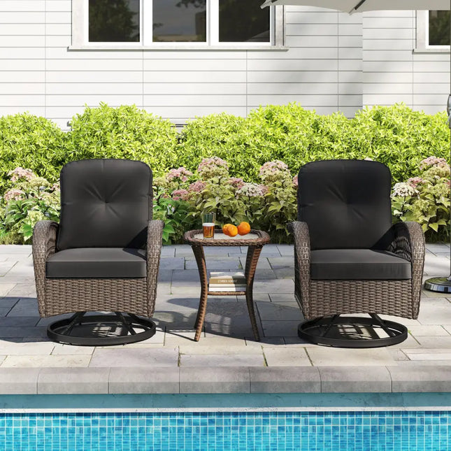3 Piece Patio Swivel Rocker Set with Tempered Glass Side Table and Thick Cushions-Black - Black - Patio Rocking Chairs
