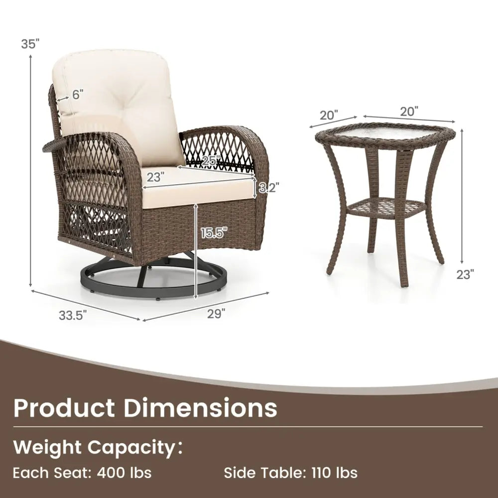 3 Piece Patio Swivel Rocker Set with Tempered Glass Side Table and Thick Cushions-White - White - Patio Rocking Chairs
