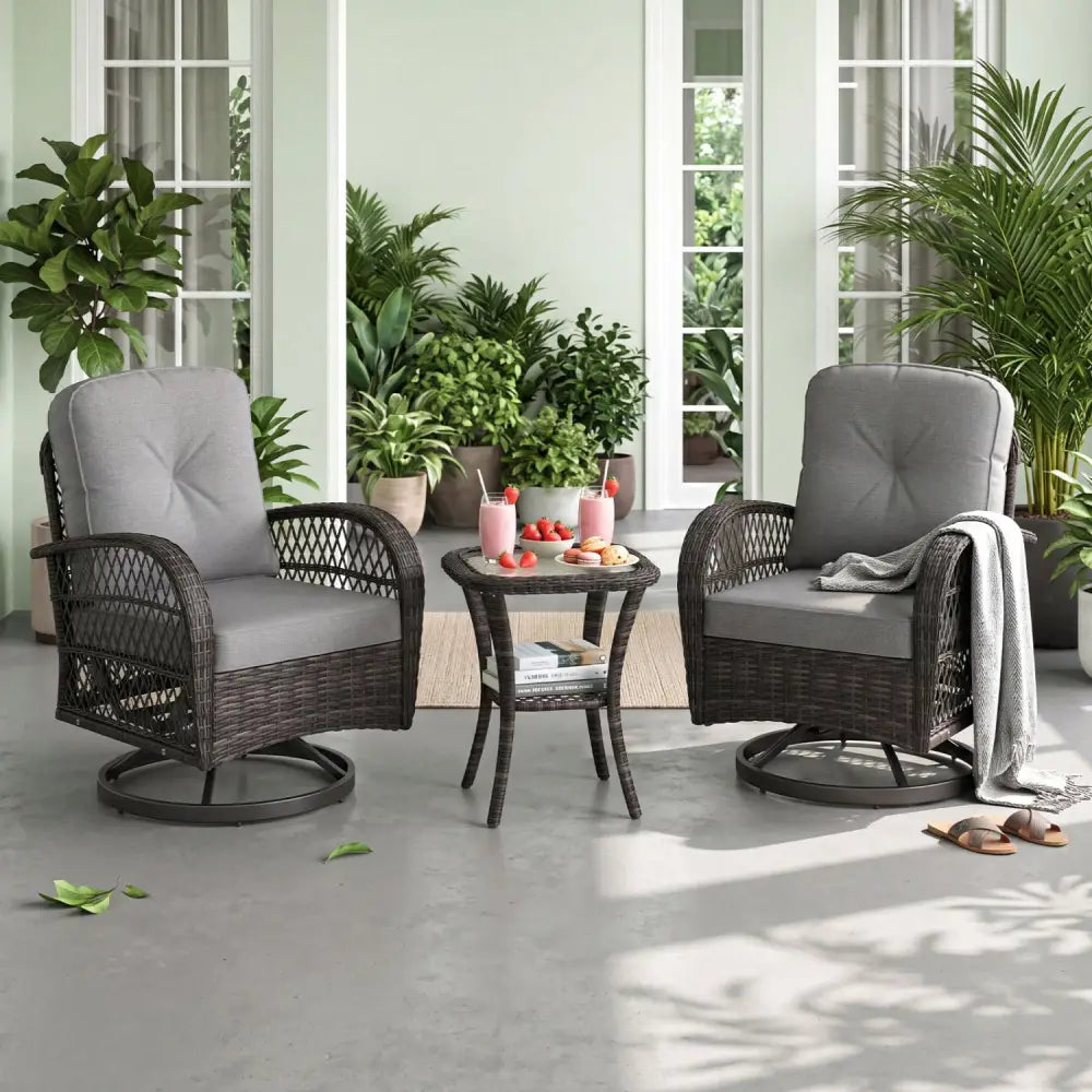 3 Piece Patio Swivel Rocker Set with Tempered Glass Side Table and Thick Cushions-Dark Gray - Dark Gray - Patio Rocking