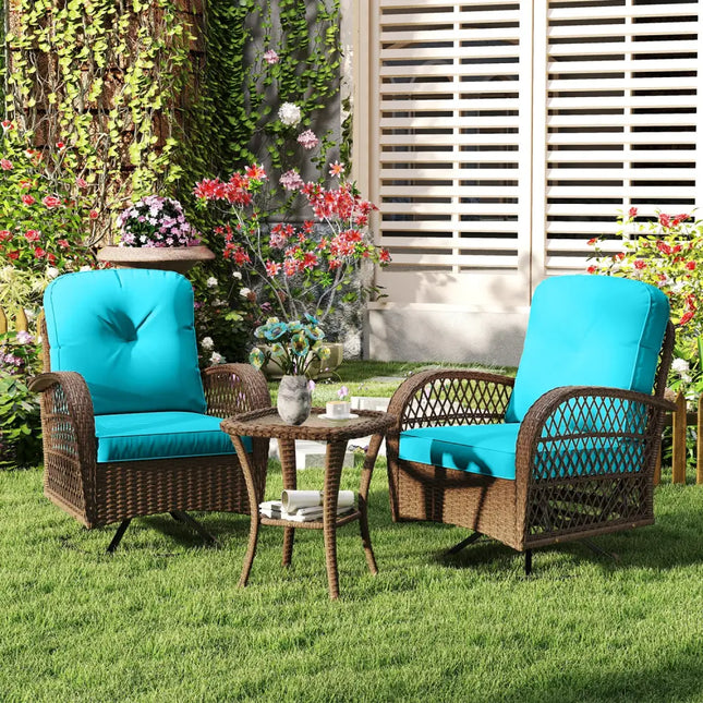 3 Piece Patio Swivel Rocker Set with Tempered Glass Side Table and Thick Cushions-Turquoise - Turquoise - Patio Rocking