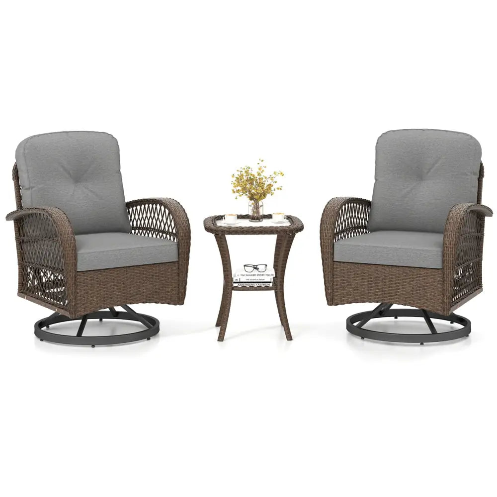 3 Piece Patio Swivel Rocker Set with Tempered Glass Side Table and Thick Cushions-Gray - Gray - Patio Rocking Chairs &