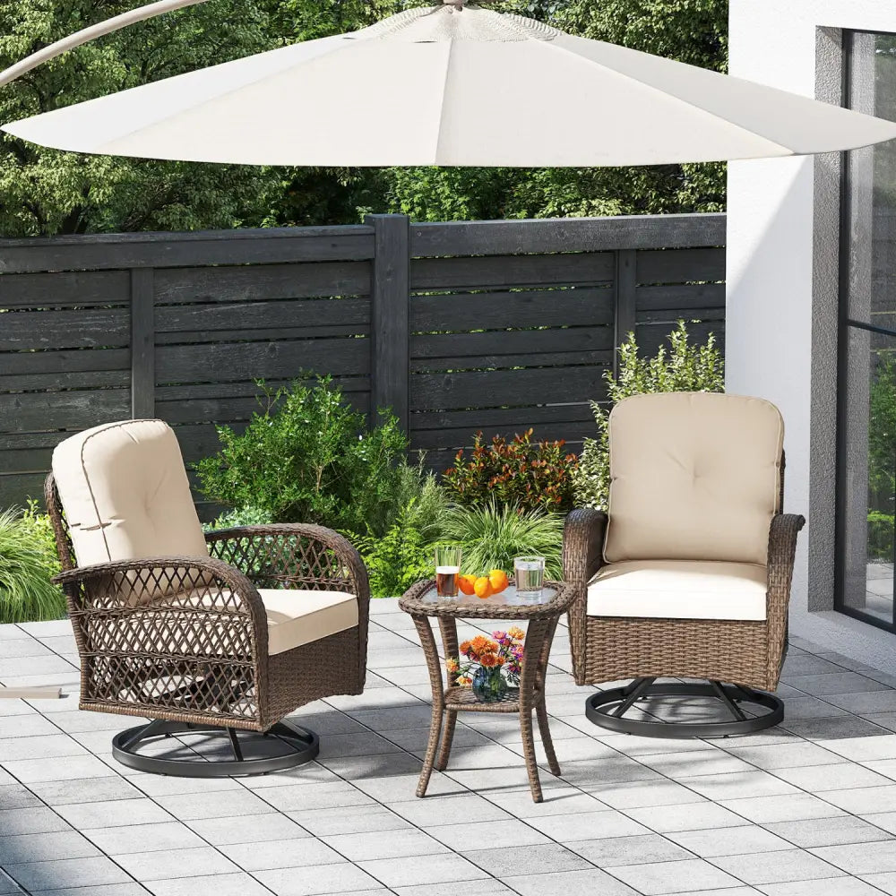 3 Piece Patio Swivel Rocker Set with Tempered Glass Side Table and Thick Cushions-White - White - Patio Rocking Chairs