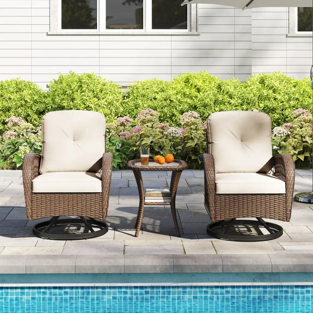 3 Piece Patio Swivel Rocker Set with Tempered Glass Side Table and Thick Cushions-White - White - Patio Rocking Chairs