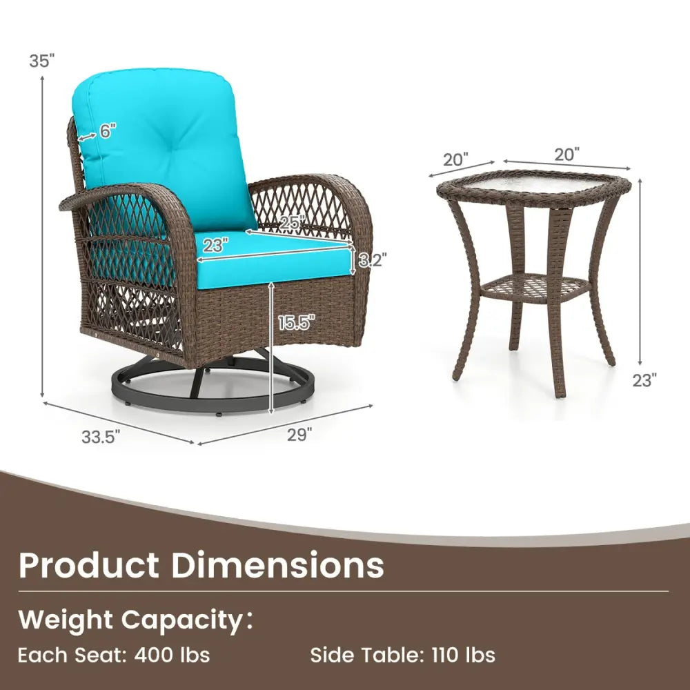 3 Piece Patio Swivel Rocker Set with Tempered Glass Side Table and Thick Cushions-Turquoise - Turquoise - Patio Rocking