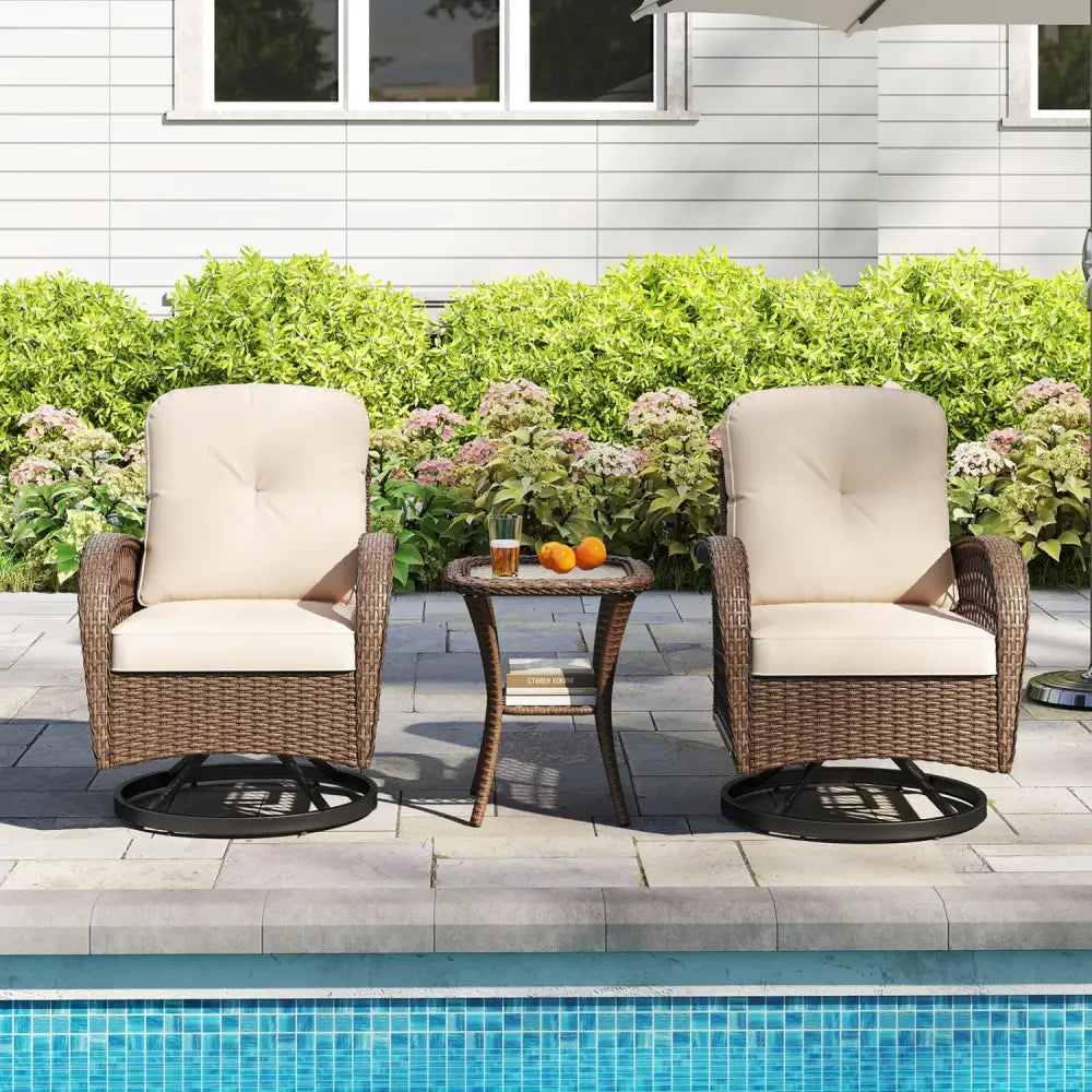 3 Piece Patio Swivel Rocker Set with Tempered Glass Side Table and Thick Cushions-Brown - Brown - Patio Rocking Chairs