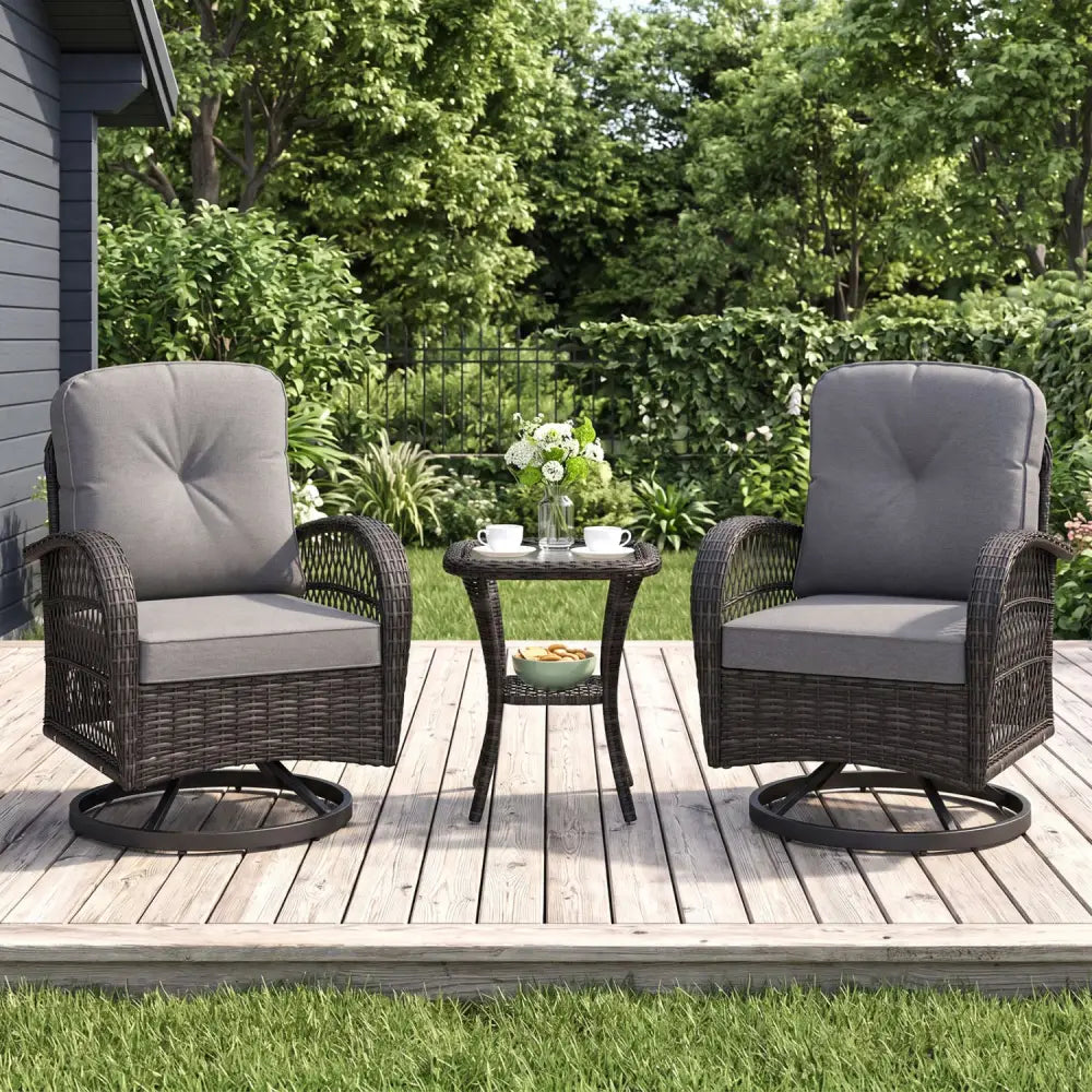 3 Piece Patio Swivel Rocker Set with Tempered Glass Side Table and Thick Cushions-Dark Gray - Dark Gray - Patio Rocking