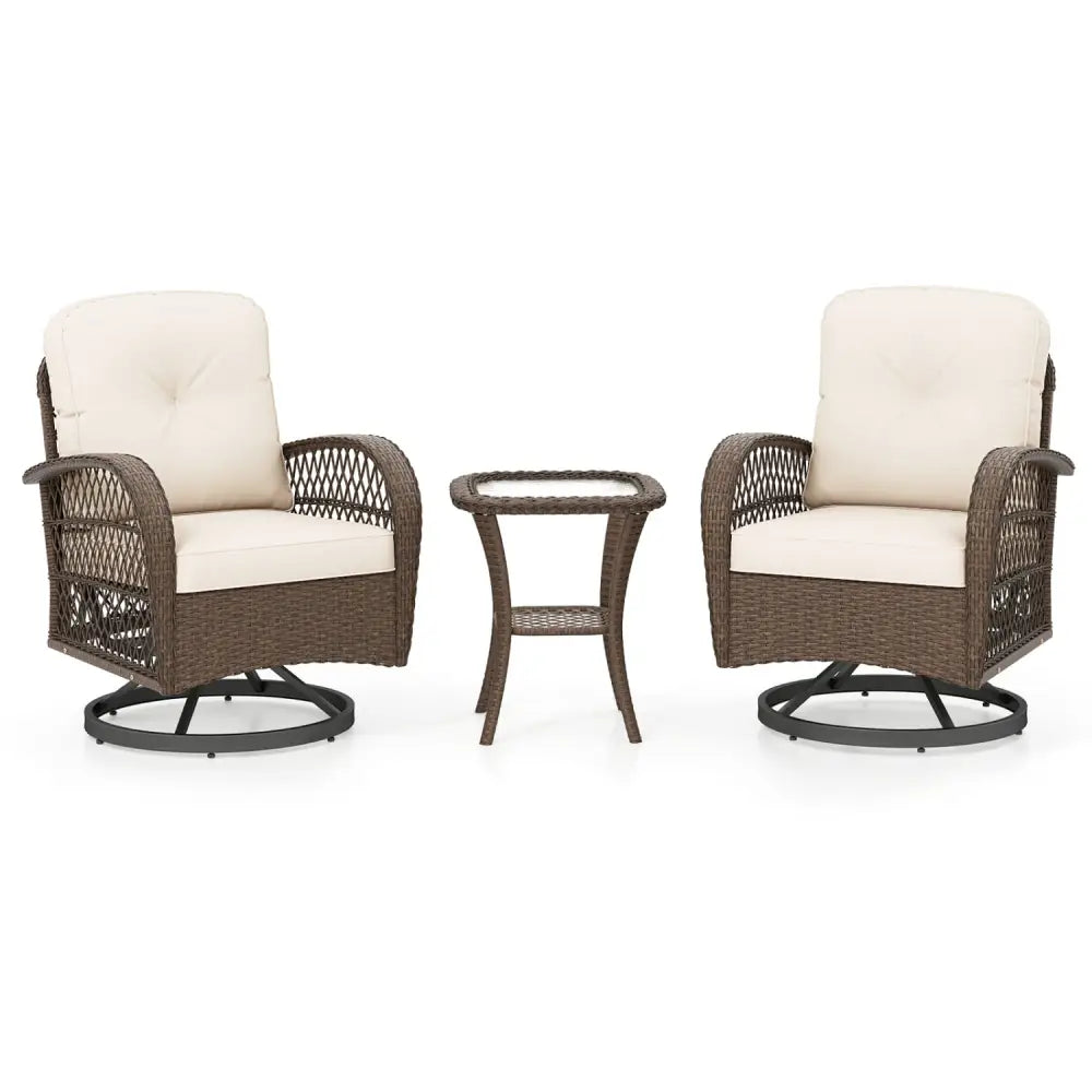3 Piece Patio Swivel Rocker Set with Tempered Glass Side Table and Thick Cushions-White - White - Patio Rocking Chairs