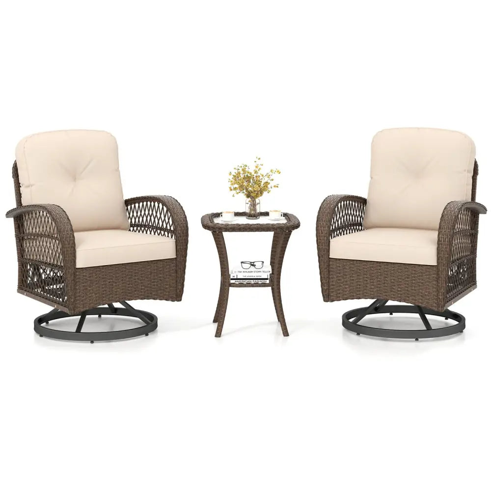 3 Piece Patio Swivel Rocker Set with Tempered Glass Side Table and Thick Cushions-Brown - Brown - Patio Rocking Chairs