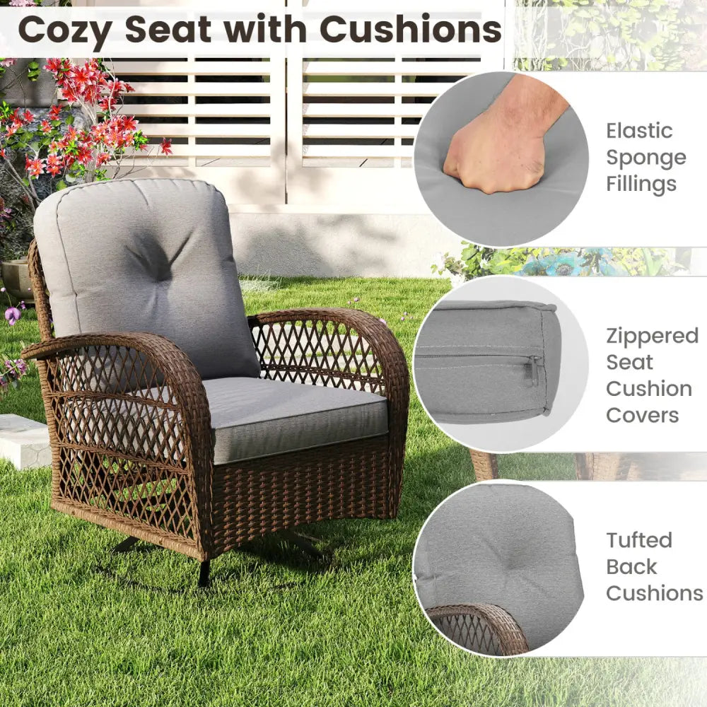 3 Piece Patio Swivel Rocker Set with Tempered Glass Side Table and Thick Cushions-Gray - Gray - Patio Rocking Chairs &