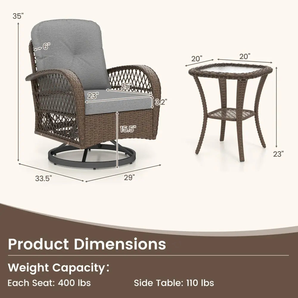 3 Piece Patio Swivel Rocker Set with Tempered Glass Side Table and Thick Cushions-Gray - Gray - Patio Rocking Chairs &