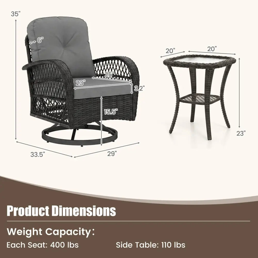 3 Piece Patio Swivel Rocker Set with Tempered Glass Side Table and Thick Cushions-Dark Gray - Dark Gray - Patio Rocking
