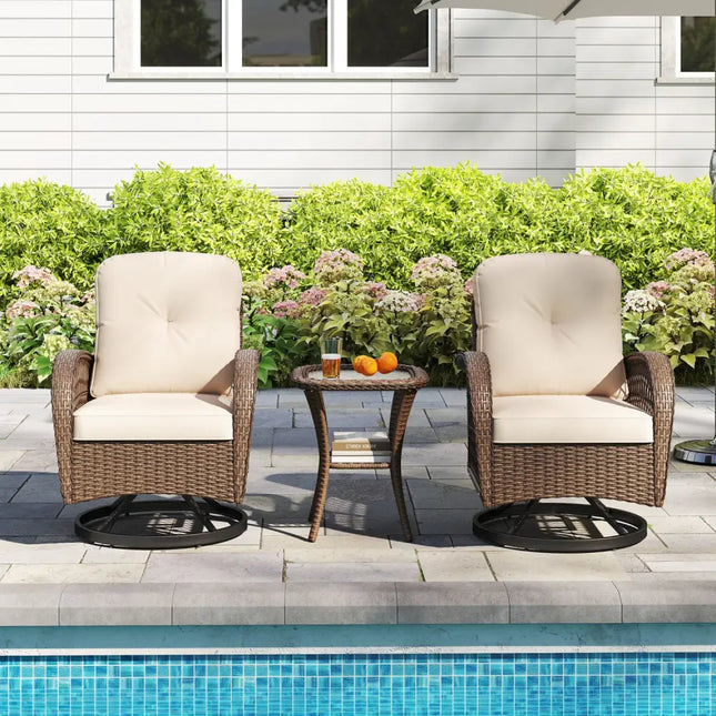 3 Piece Patio Swivel Rocker Set with Tempered Glass Side Table and Thick Cushions-Brown - Brown - Patio Rocking Chairs
