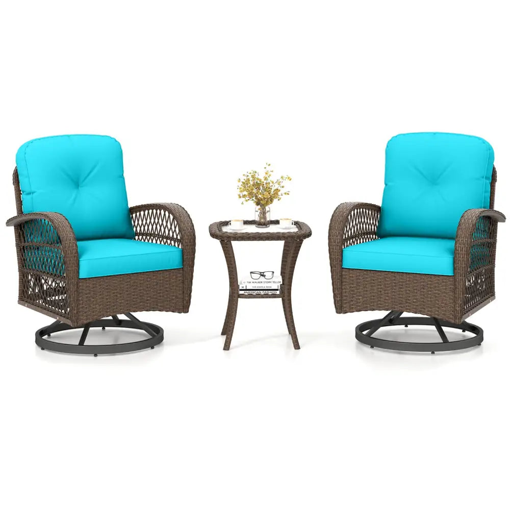 3 Piece Patio Swivel Rocker Set with Tempered Glass Side Table and Thick Cushions-Turquoise - Turquoise - Patio Rocking