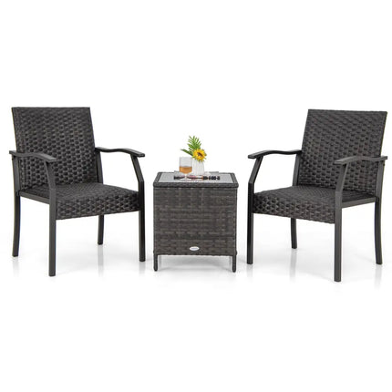 3 Piece Patio Wicker Chair Set with Quick Dry Foam Cushions All Weather - Brown - Patio Conversation Sets