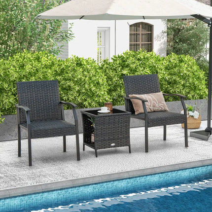 3 Piece Patio Wicker Chair Set with Quick Dry Foam Cushions All Weather - Brown - Patio Conversation Sets