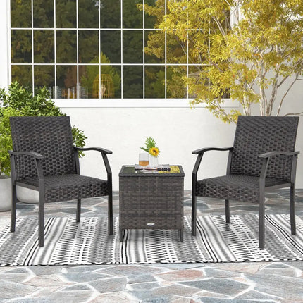 3 Piece Patio Wicker Chair Set with Quick Dry Foam Cushions All Weather - Brown - Patio Conversation Sets
