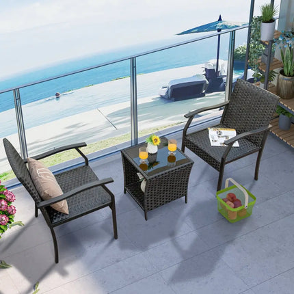 3 Piece Patio Wicker Chair Set with Quick Dry Foam Cushions All Weather - Brown - Patio Conversation Sets