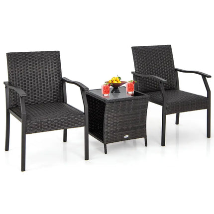 3 Piece Patio Wicker Chair Set with Quick Dry Foam Cushions All Weather - Brown - Patio Conversation Sets