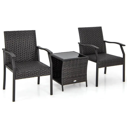 3 Piece Patio Wicker Chair Set with Quick Dry Foam Cushions All Weather - Brown - Patio Conversation Sets