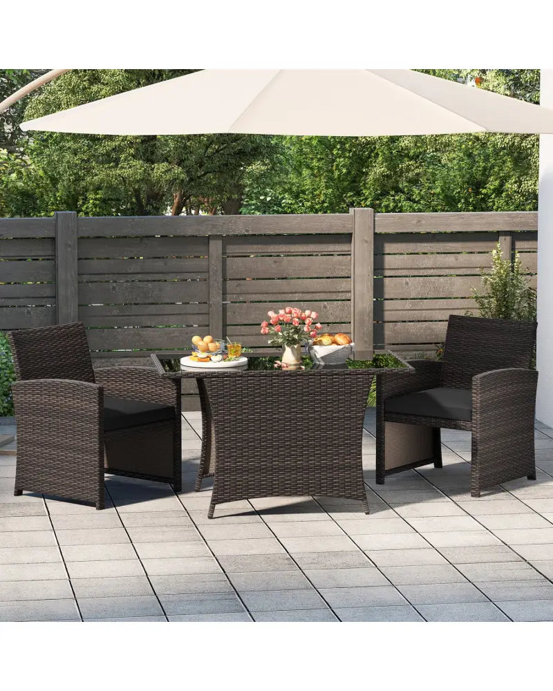 3 Piece Patio Wicker Dining Set with Rectangle Tempered Glass Dining Table-Brown - Brown - Patio Conversation Sets