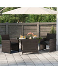 3 Piece Patio Wicker Dining Set with Rectangle Tempered Glass Dining Table-Brown - Brown - Patio Conversation Sets