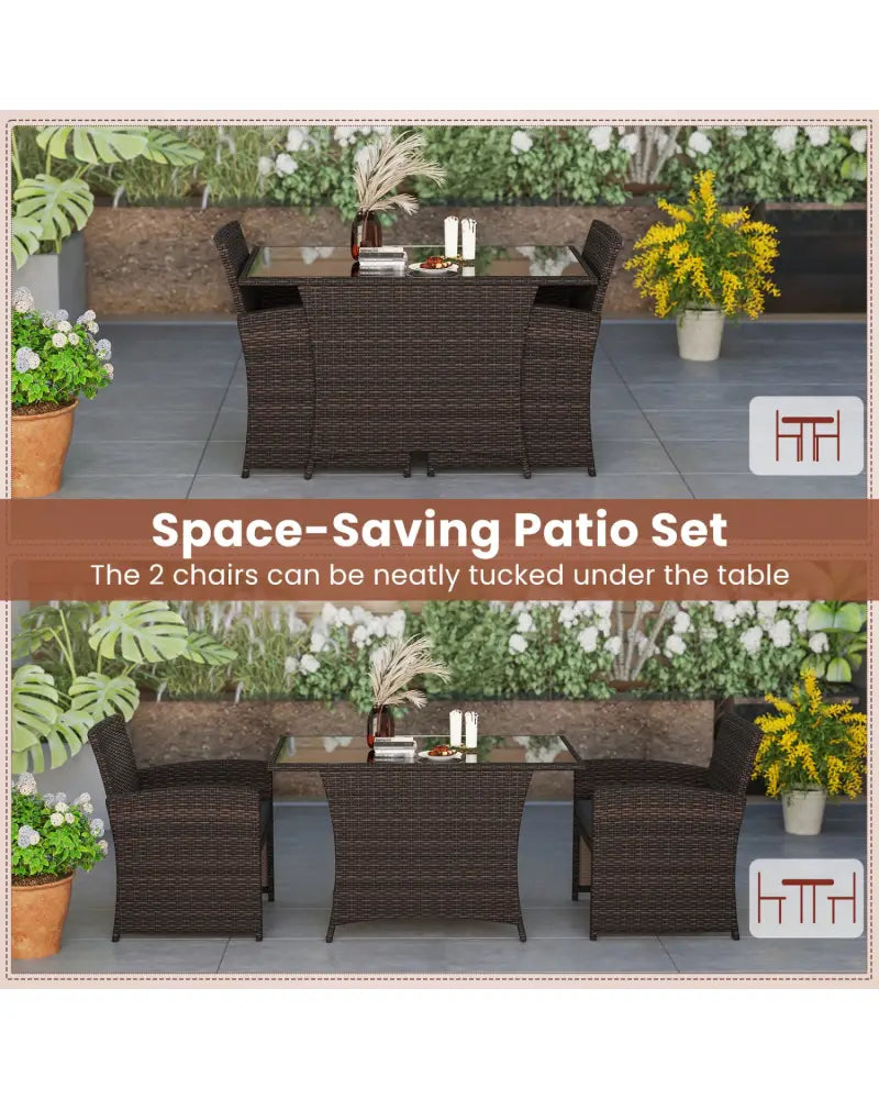 3 Piece Patio Wicker Dining Set with Rectangle Tempered Glass Dining Table-Brown - Brown - Patio Conversation Sets