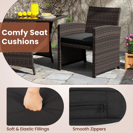 3 Piece Patio Wicker Dining Set with Rectangle Tempered Glass Dining Table-Brown - Brown - Patio Dining Sets