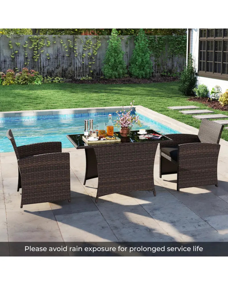 3 Piece Patio Wicker Dining Set with Rectangle Tempered Glass Dining Table-Brown - Brown - Patio Conversation Sets