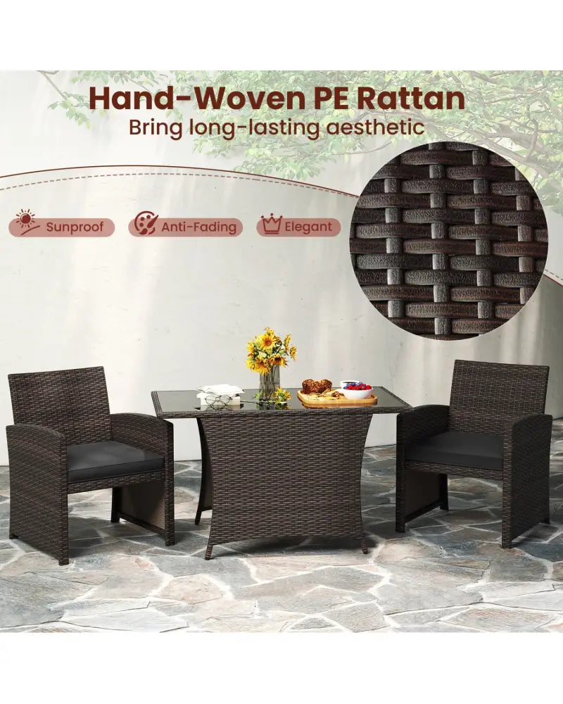 3 Piece Patio Wicker Dining Set with Rectangle Tempered Glass Dining Table-Brown - Brown - Patio Conversation Sets