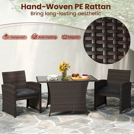 3 Piece Patio Wicker Dining Set with Rectangle Tempered Glass Dining Table-Brown - Brown - Patio Dining Sets