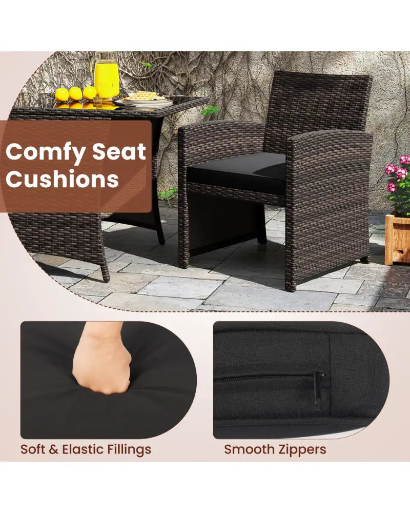 3 Piece Patio Wicker Dining Set with Rectangle Tempered Glass Dining Table-Brown - Brown - Patio Conversation Sets