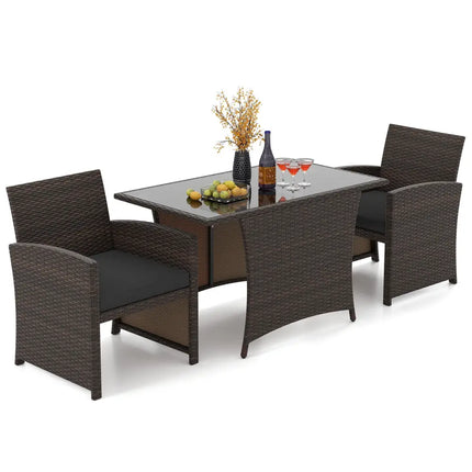 3 Piece Patio Wicker Dining Set with Rectangle Tempered Glass Dining Table-Brown - Brown - Patio Dining Sets