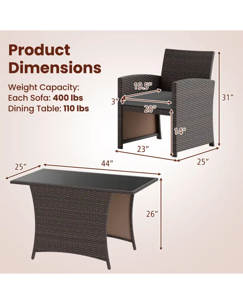 3 Piece Patio Wicker Dining Set with Rectangle Tempered Glass Dining Table-Brown - Brown - Patio Conversation Sets