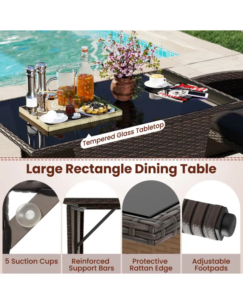 3 Piece Patio Wicker Dining Set with Rectangle Tempered Glass Dining Table-Brown - Brown - Patio Conversation Sets