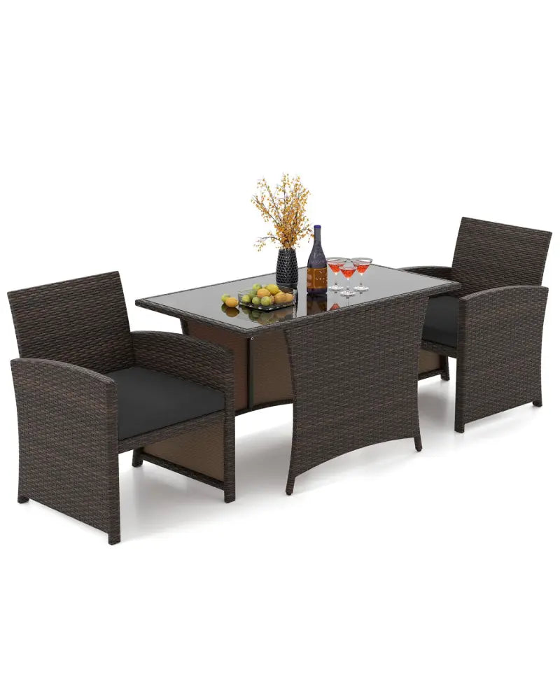 3 Piece Patio Wicker Dining Set with Rectangle Tempered Glass Dining Table-Brown - Brown - Patio Conversation Sets