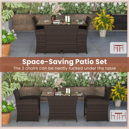 3 Piece Patio Wicker Dining Set with Rectangle Tempered Glass Dining Table-Brown - Brown - Patio Dining Sets