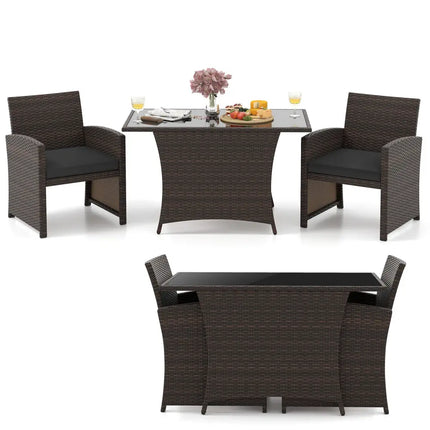 3 Piece Patio Wicker Dining Set with Rectangle Tempered Glass Dining Table-Brown - Brown - Patio Dining Sets
