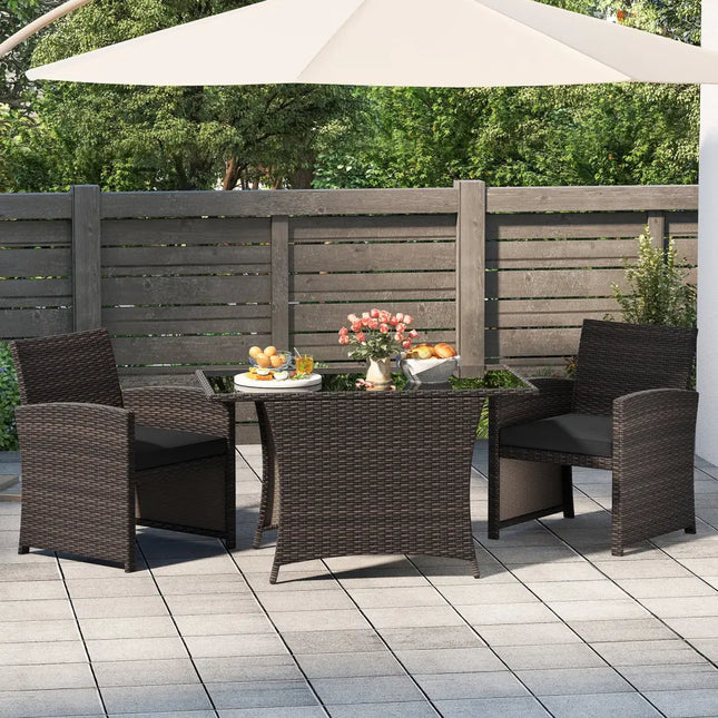 3 Piece Patio Wicker Dining Set with Rectangle Tempered Glass Dining Table-Brown - Brown - Patio Dining Sets