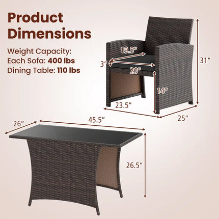 3 Piece Patio Wicker Dining Set with Rectangle Tempered Glass Dining Table-Brown - Brown - Patio Dining Sets